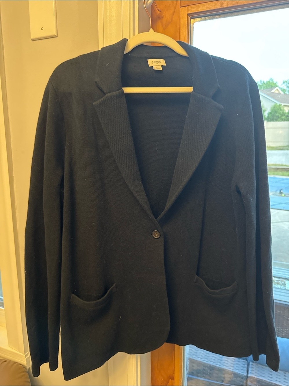 J.Crew Sweater Blazer Women L Black Excellent Cotton Knit Notched Lapel Pocket - Picture 5 of 6